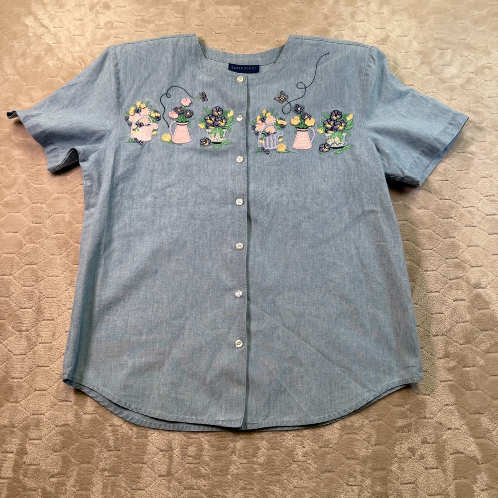 Karen Scott Women's Vintage Medium Blue Shirt Button Up Embroidered Floral
